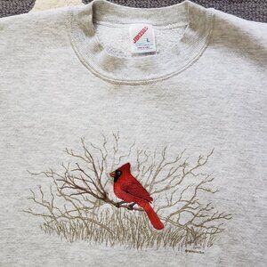 Vintage Cottagecore Coastal Grandma grey embroidered cardinal crew sweatshirt